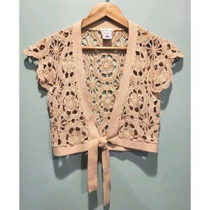 Beige Crochet Open Knit Tie Waist Crop Cardigan Cottagecore Old Navy Sz L